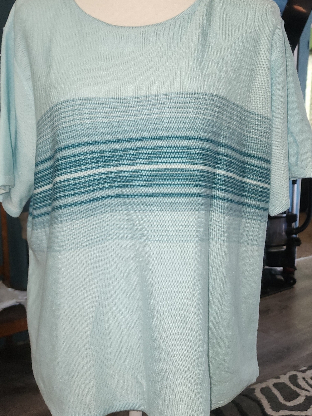 Norton McNaughton Light Aqua Short-Sleeve Knit Top with Teal Stripe Sz Xl NWT